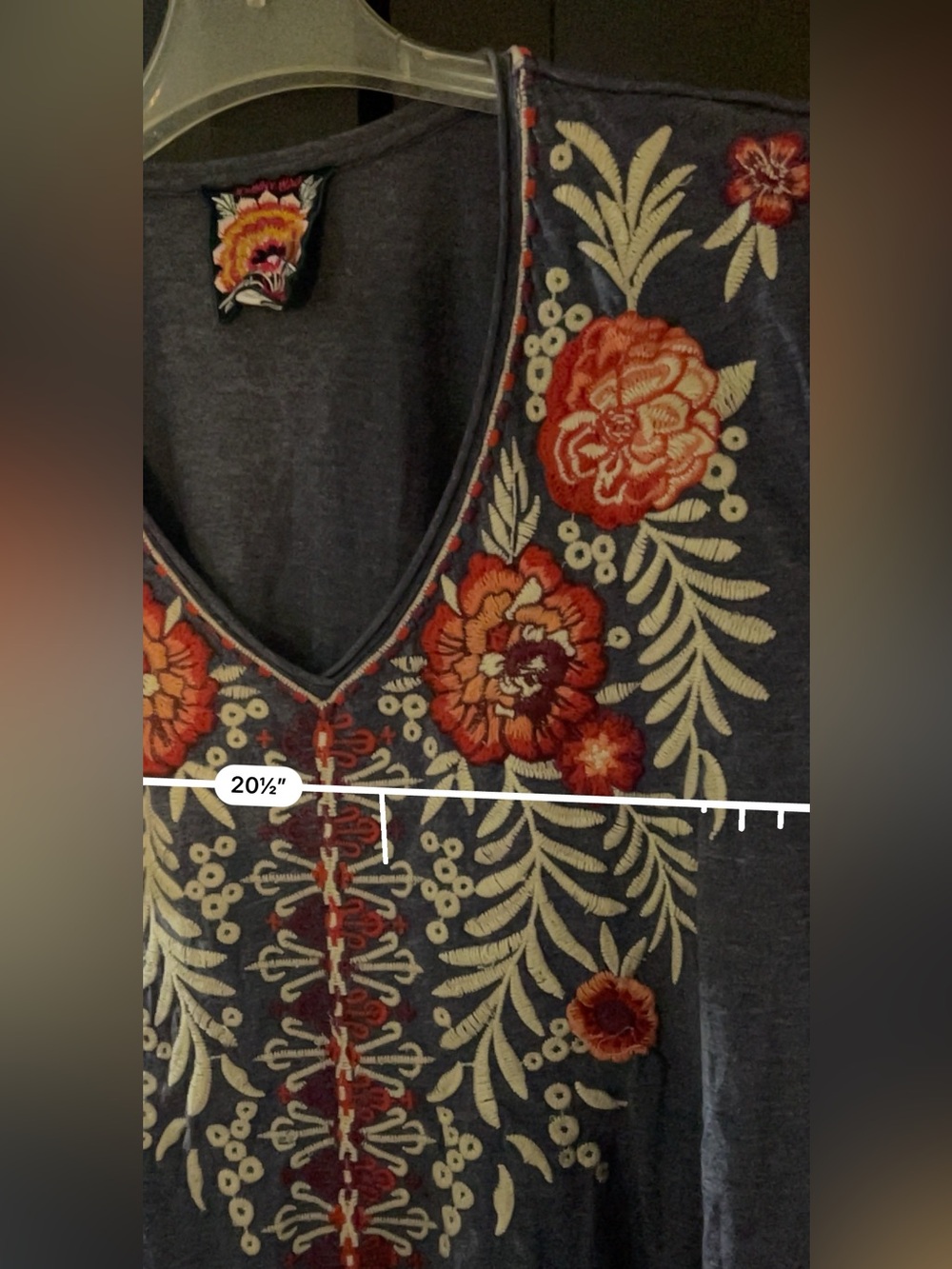 Johnny Was Blue Short Sleeve V-Neck Top with Red/Beige Floral Embroidery XL - Picture 11 of 14